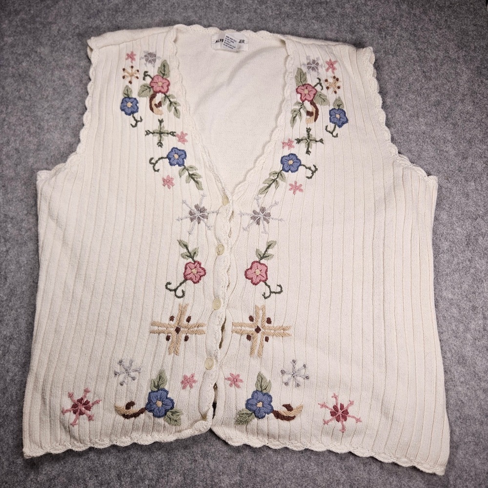 VTG Womens White Vest Embroidered Floral Scallop Hem Whimsical Granny Sz 1X
